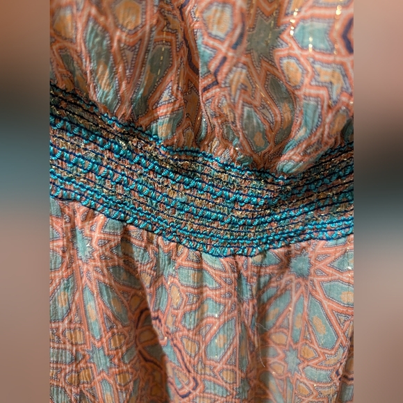 Badgley Mischka Sheer Flowy Off Shoulder Pink Blue Geometric Pattern Silk Dress - Picture 3 of 4